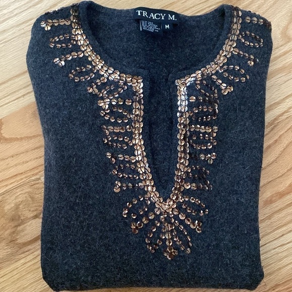 Silk Angora sweater Women’s M Sequins Festive Grey V neck Warm Winter festive - Picture 4 of 11